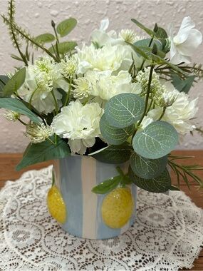 Blue & White Lemon Ceramic Vase with White Floral Arrangement